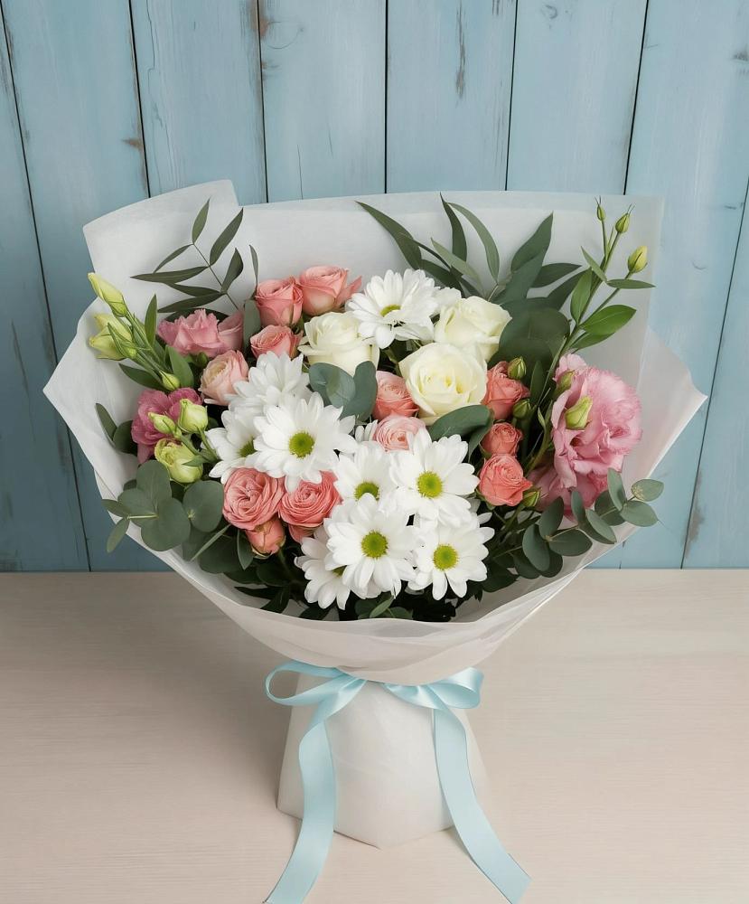 Букет цветов из: Розы, Лизиантусы и Хризантемы в Подосинки