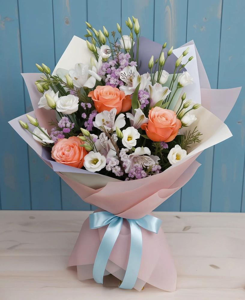 Букет цветов из: Лизиантусы, Розы, Альстромерии и Гипсофила в Подосинки