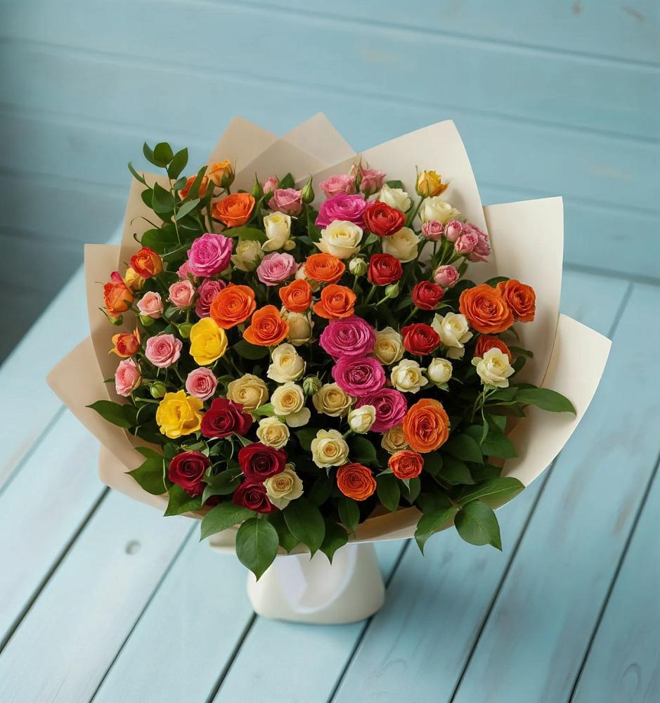 Букет Микс из разноцветных кустовых роз в Подосинки