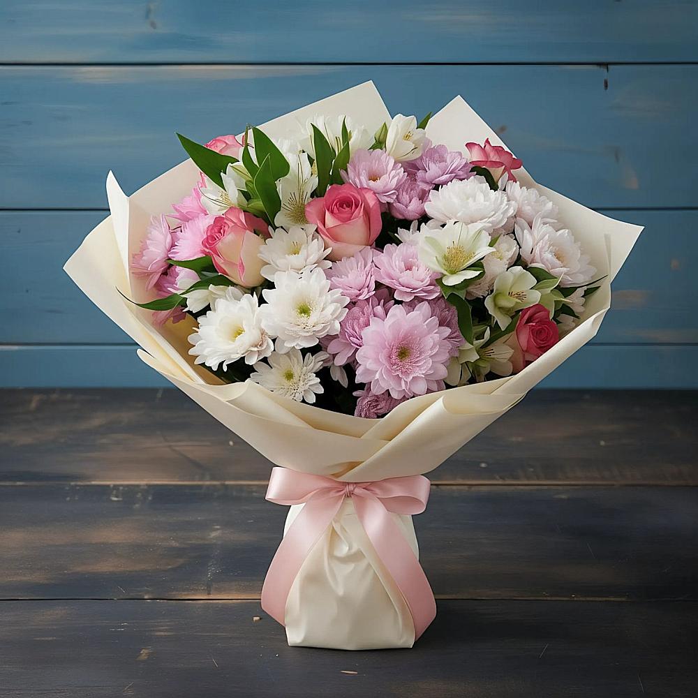 Букет цветов из: Хризантемы, Альстромерии и Розы в Подосинки